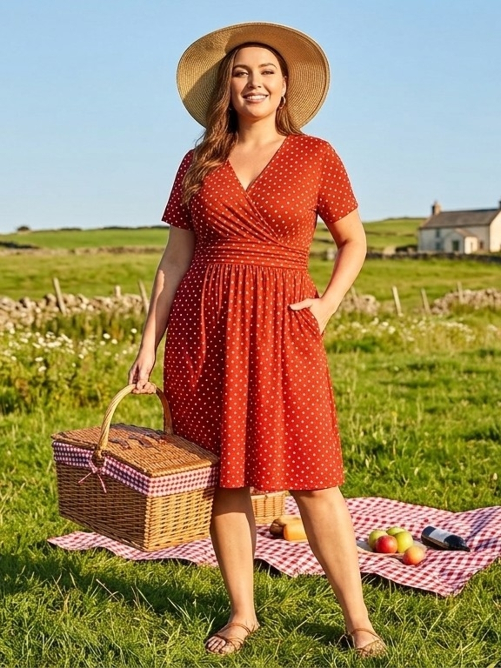 OUGES Polka Dot Wrap-Front Midi Dress in Rust